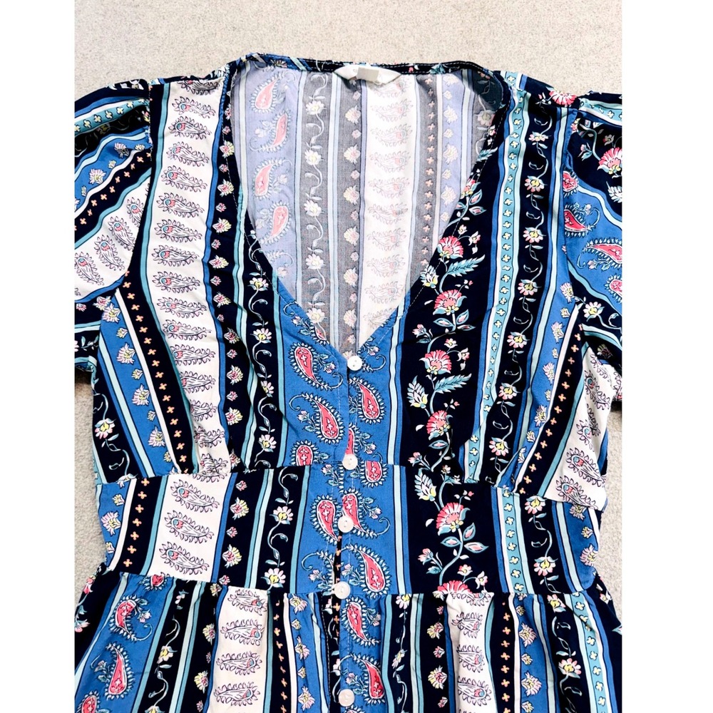 Springfield Women S Maxi Dress Blue Floral Paisley Button Front Boho V Neck Airy